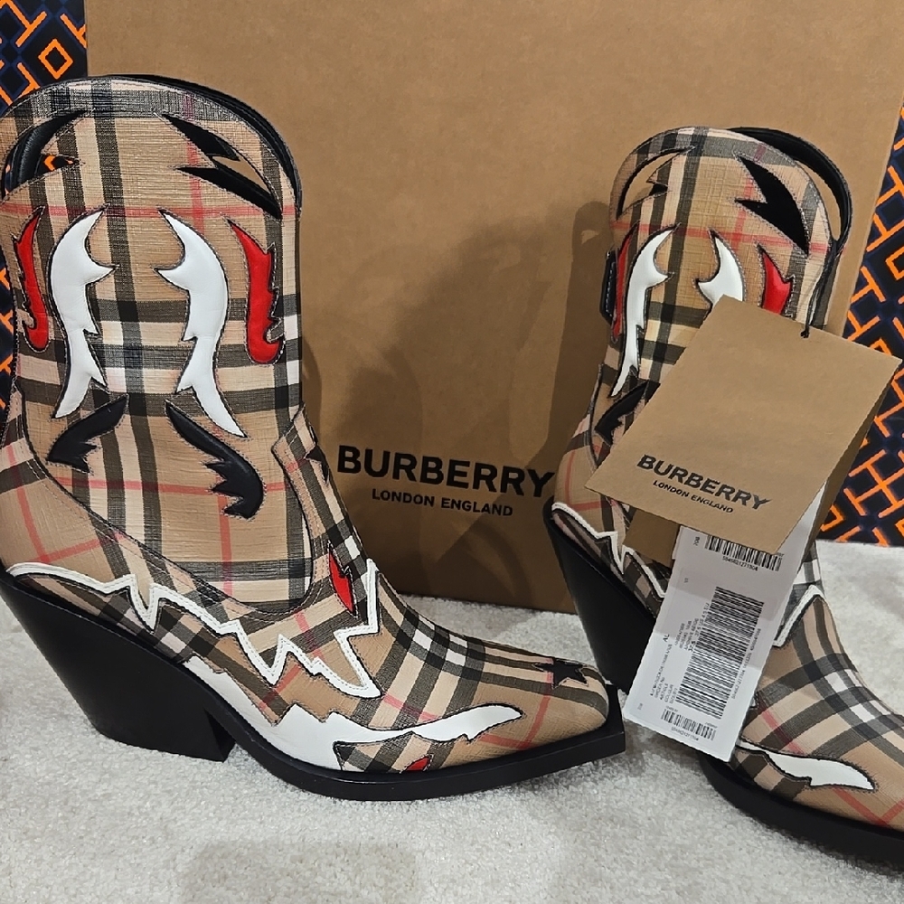 Burberry Women's Plaid Ankle Boots - Black, Red, White